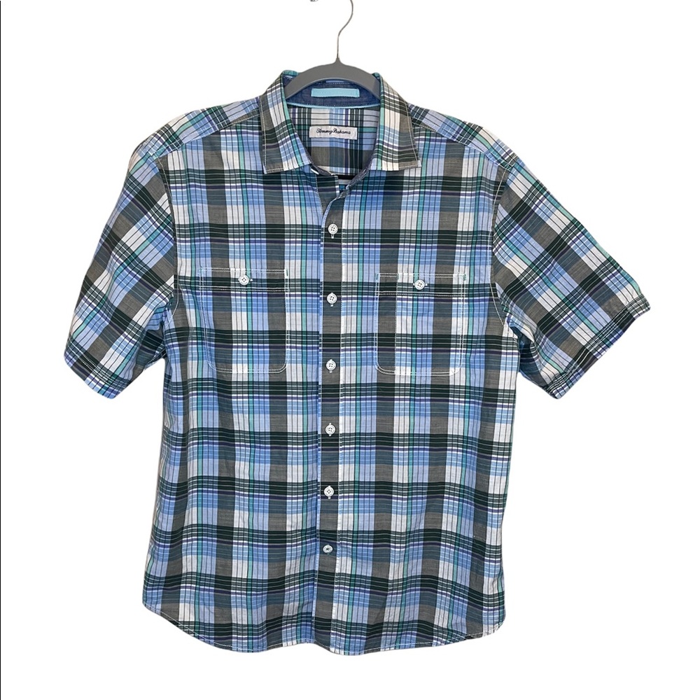 Tommy Bahama Plaid Short Sleeve Button Down Shirt Size M Gray, Teal, White